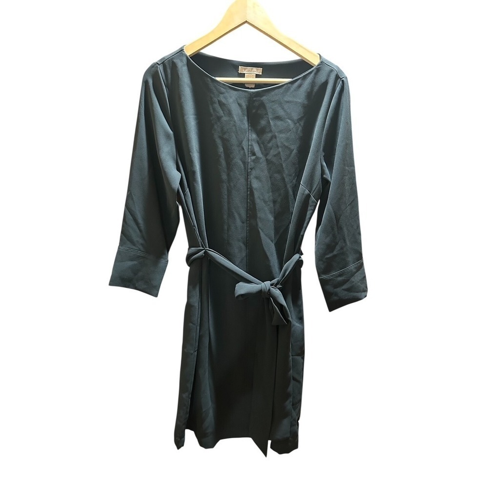 H&M Long Sleeve Dark Green Short Shift‎ Dress Belted Size Medium T32-26